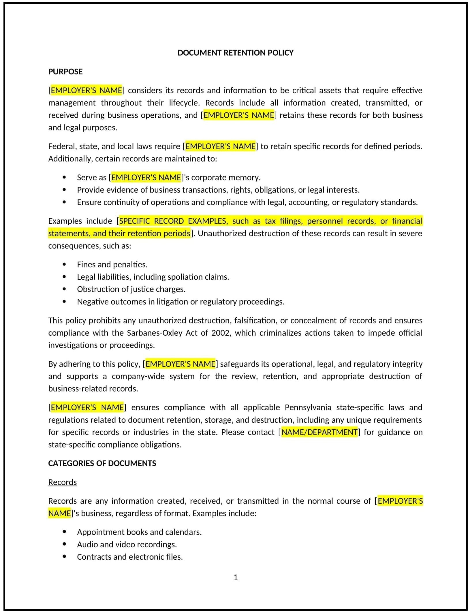 Document-Retention-Policy--Pennsylvania--1-1-1