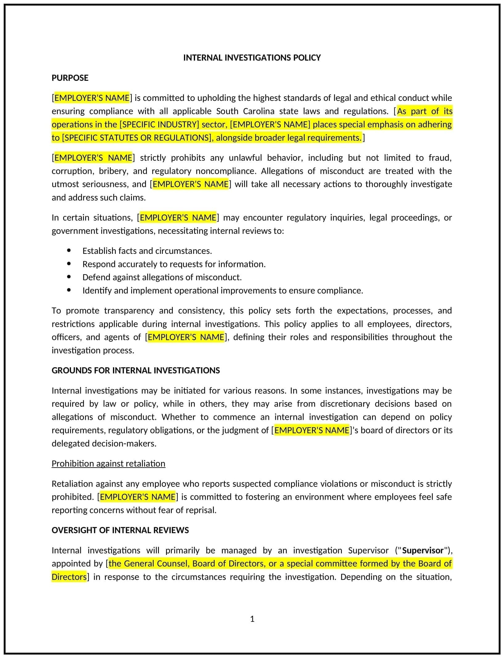 Internal-Investigations-Policy--South-Carolina--01-1-1