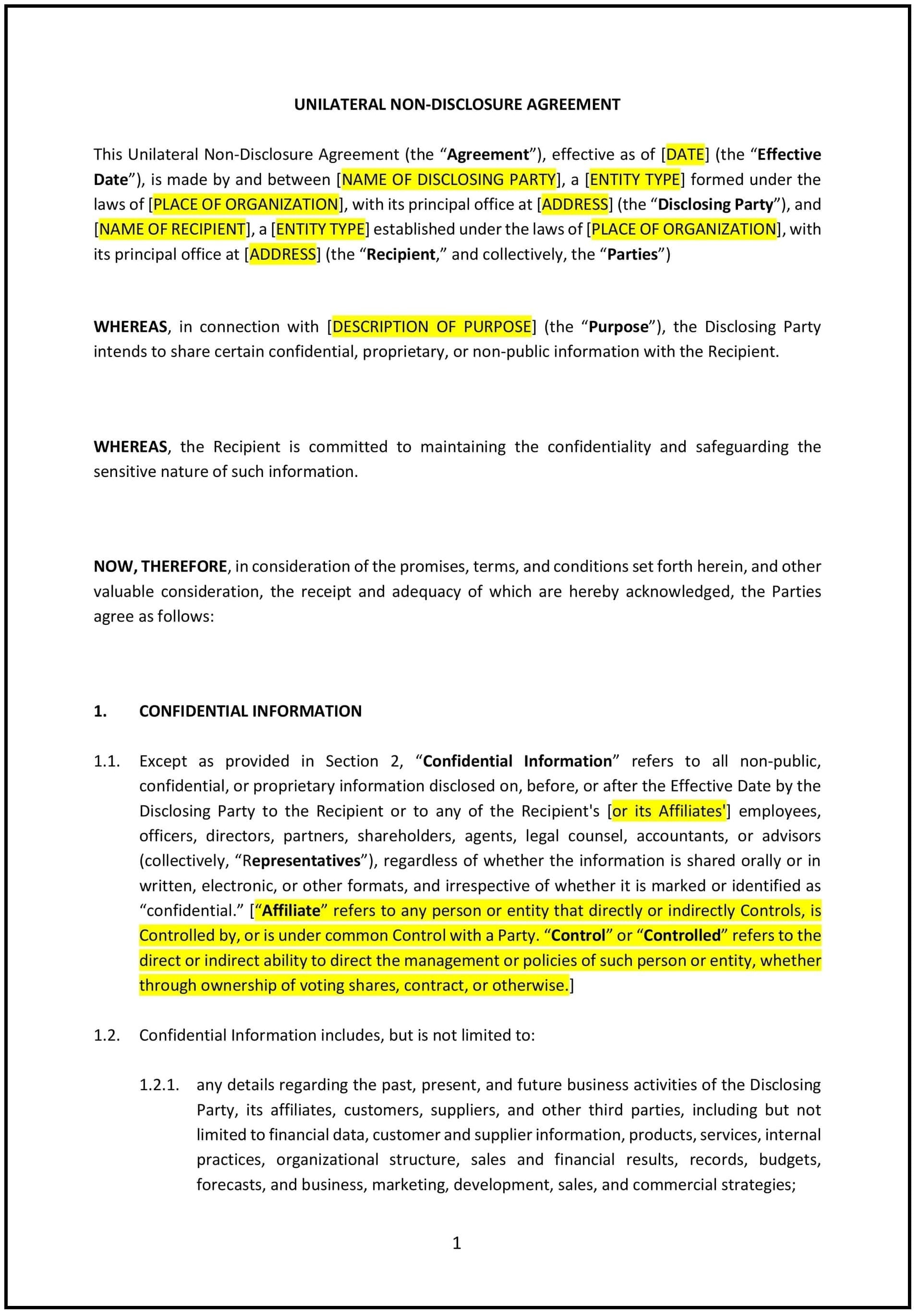 Non-Disclosure-Agreement--Unilateral---Utah--1-1