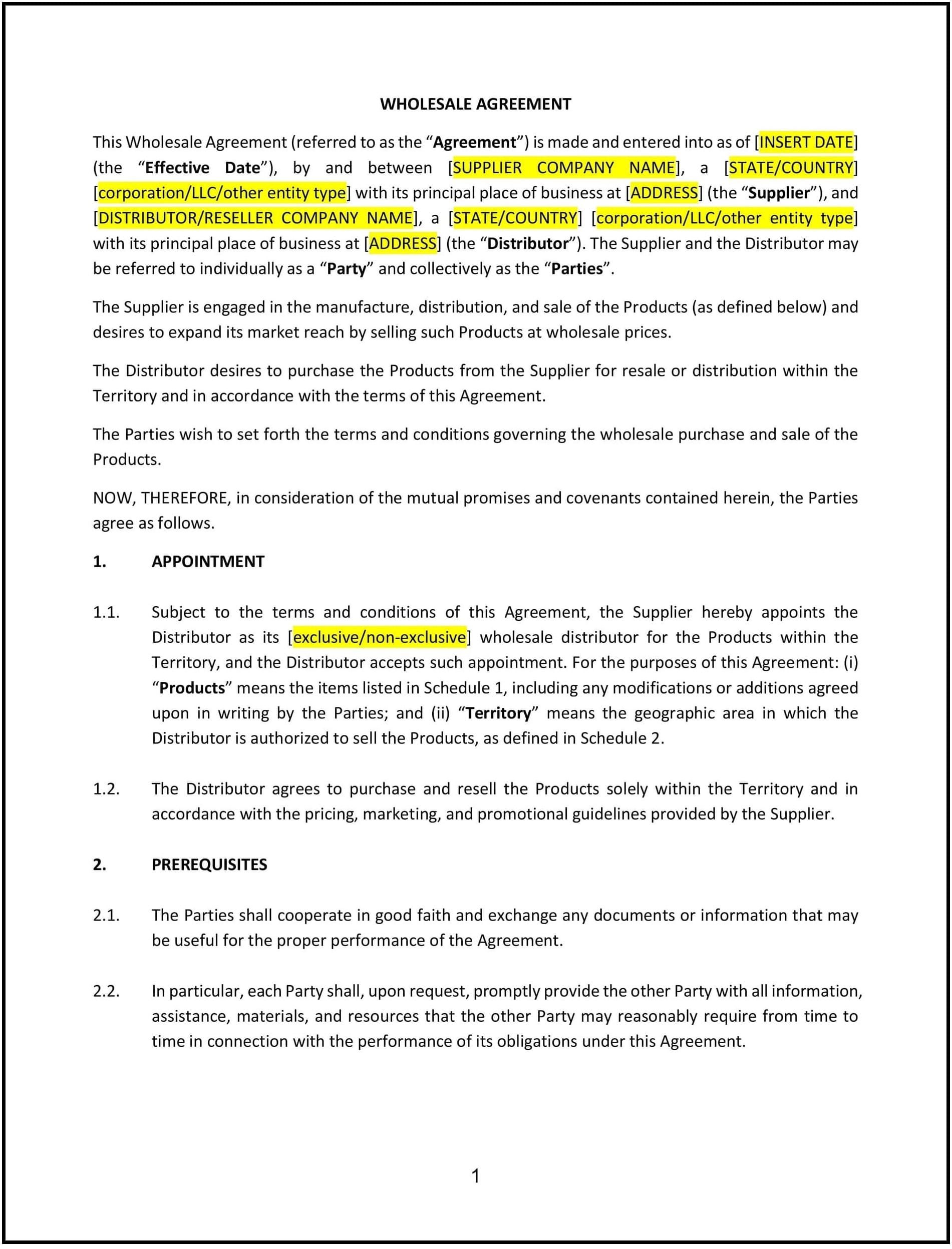 Wholesale-Agreement--North-Carolina--1-1