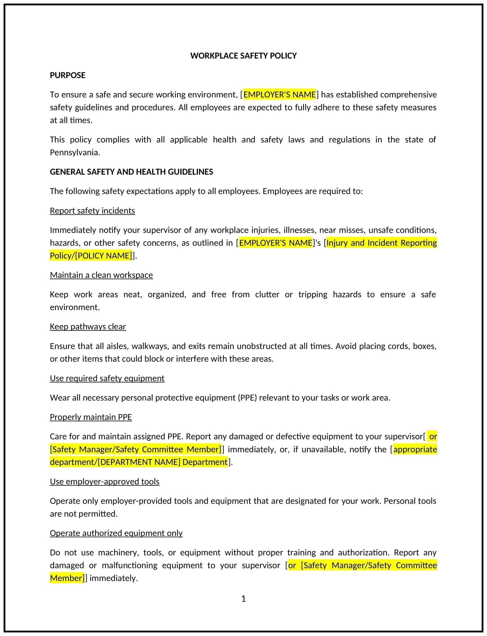 Workplace-Safety-Policy--Pennsylvania--1-1-1