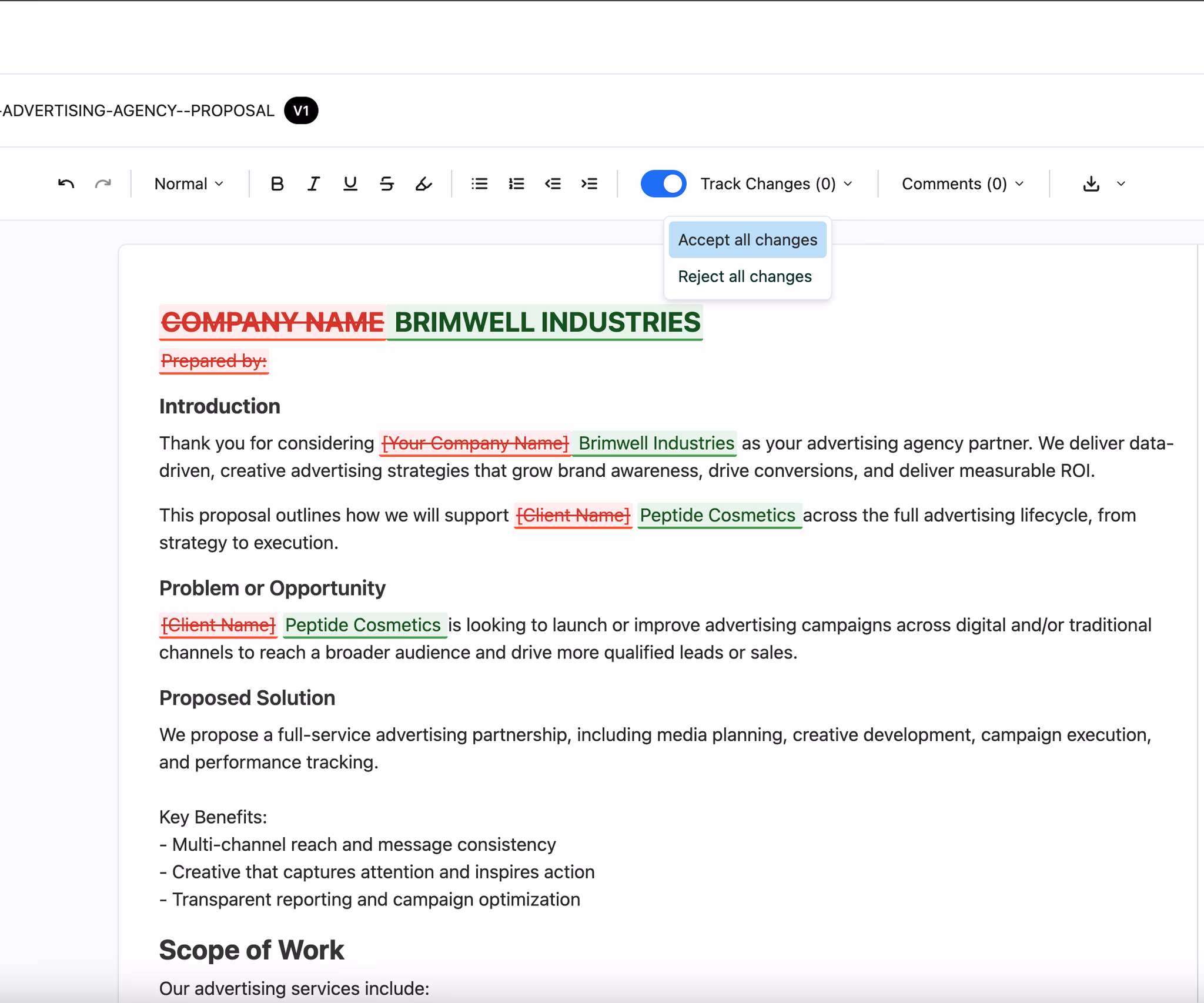 Proposal editor interface