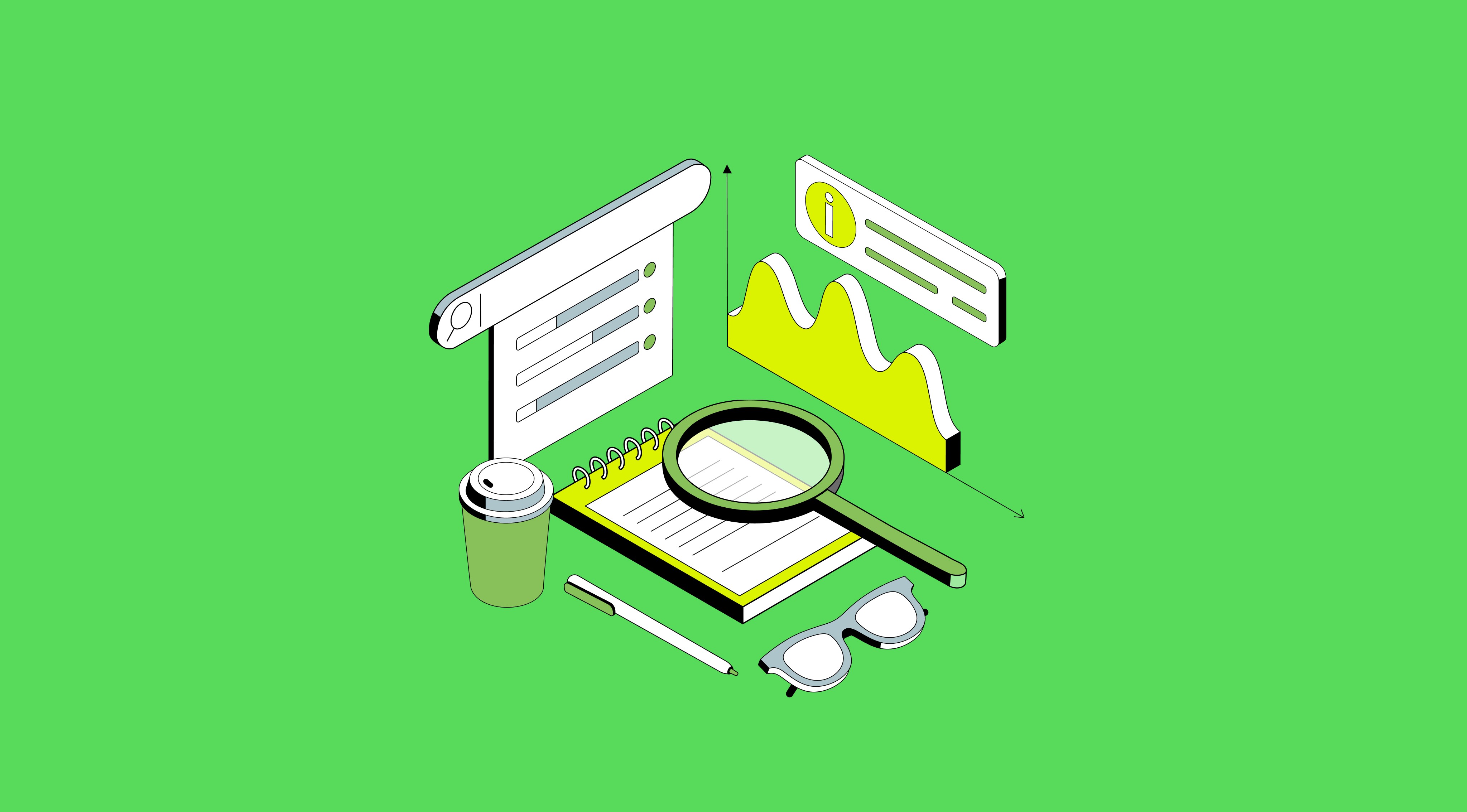 Magnyfing glass on notebook next to the pen, eye glasses and coffee mug