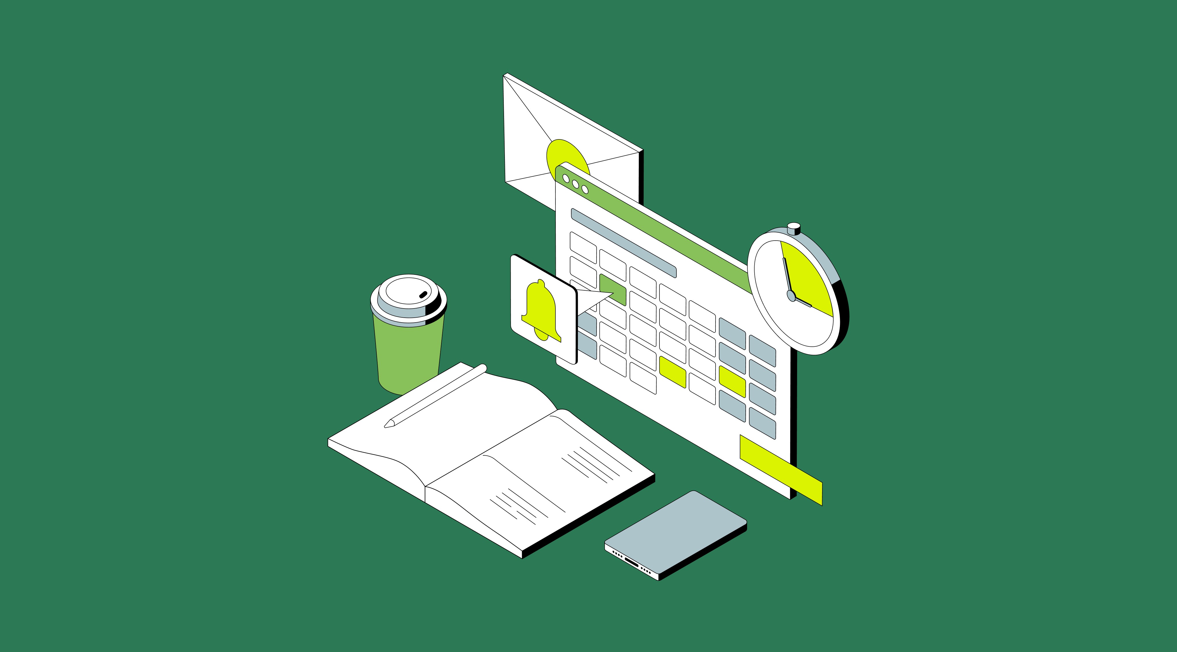 Open notebook and screen showing calendar